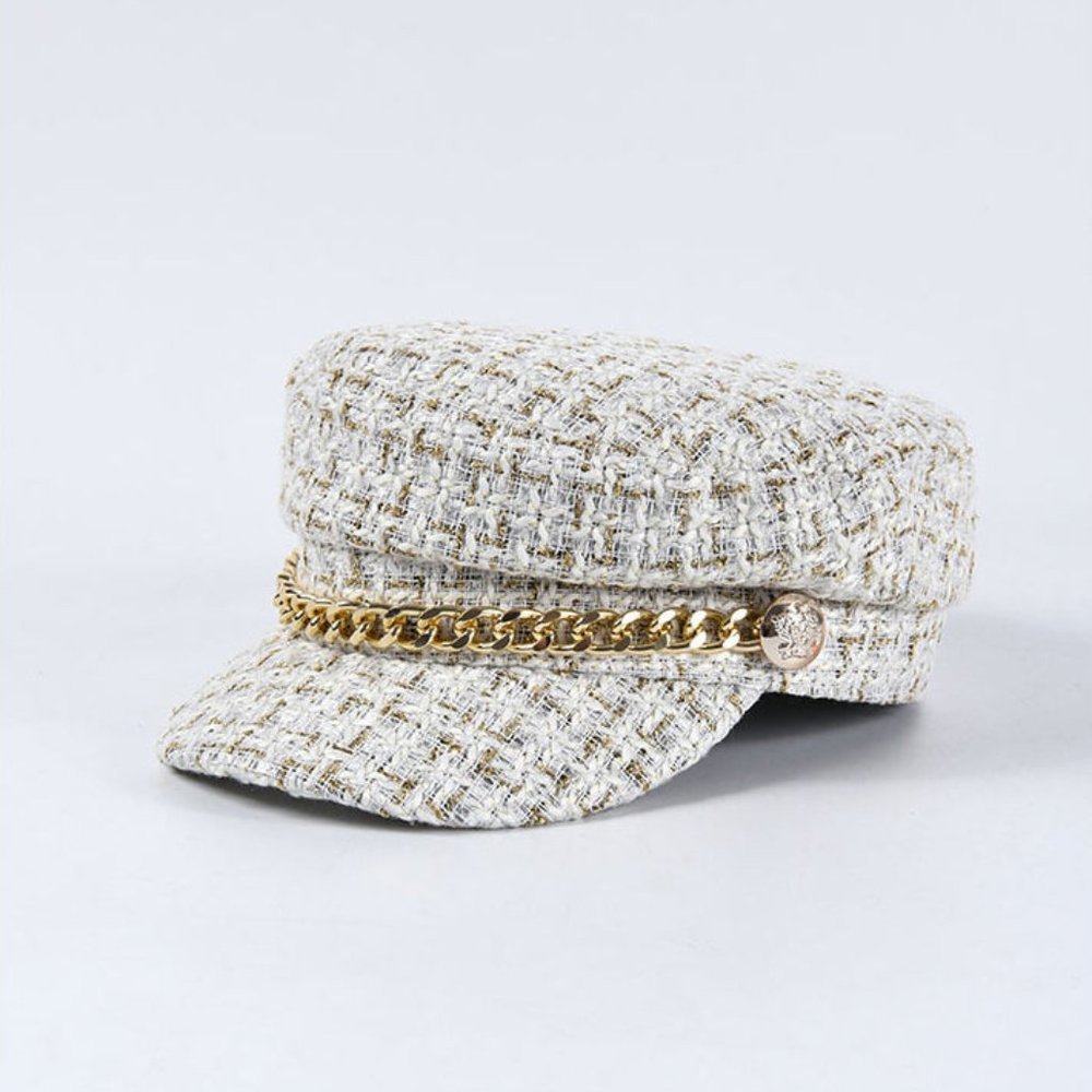Tweed Hat Women Gatsby Chain Elegant NewsBoy Cab Cabbie Fiddler White